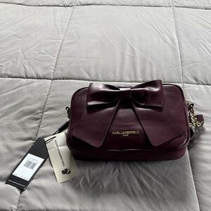 KARL LAGERFELD Wine Bow Crossbody Bag with Gold Hardware